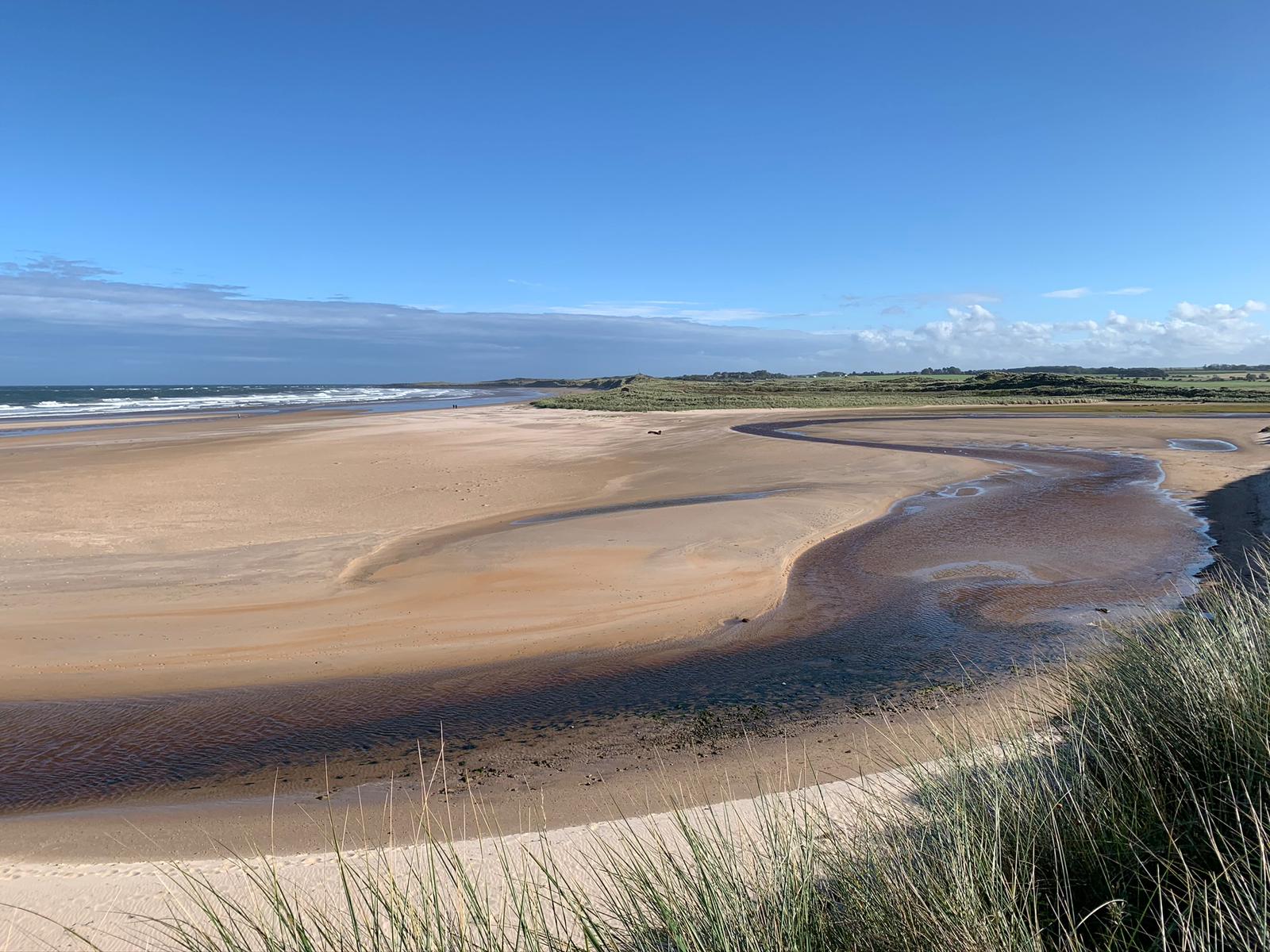 Wide panorama of Beadnall Bay on sky windy day